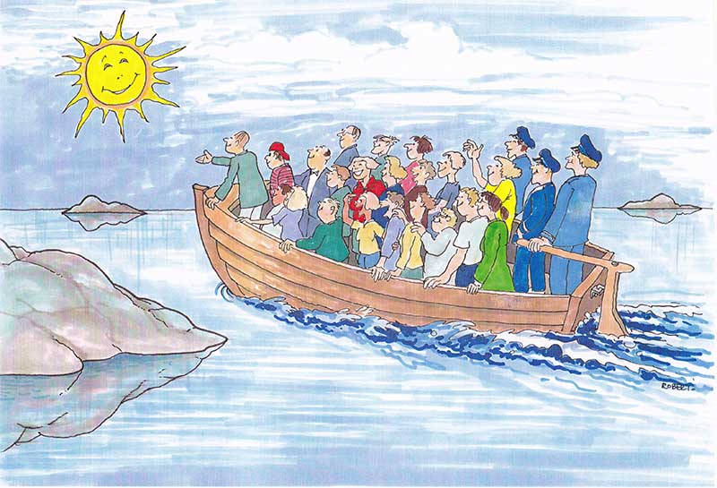 Den här illustrationen visar samma båt, men havet är lugnt och stilla, passagerarna är lugna och glada och besättningen är samspelta.
