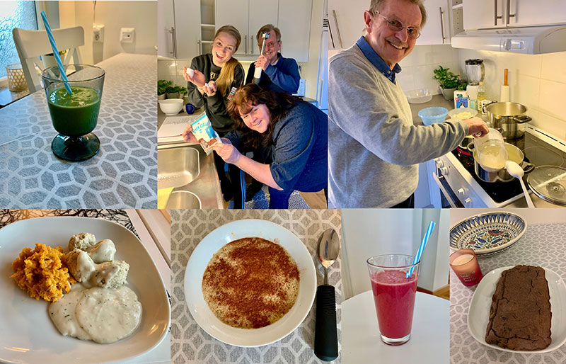 Collage av sex bilder som visar när familjen och assistenter lagar olika maträtter till Marie